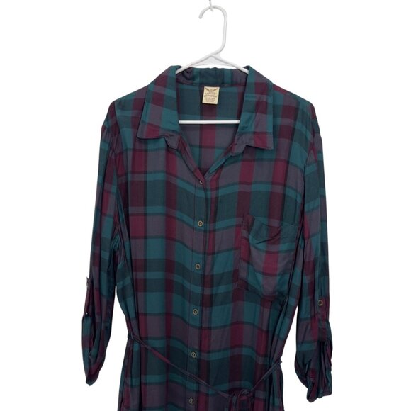 Faded Glory Womens Plaid Tunic Shirt SZ XXL (20)Teal & Burgundy Adj Waist Tie - Picture 2 of 11